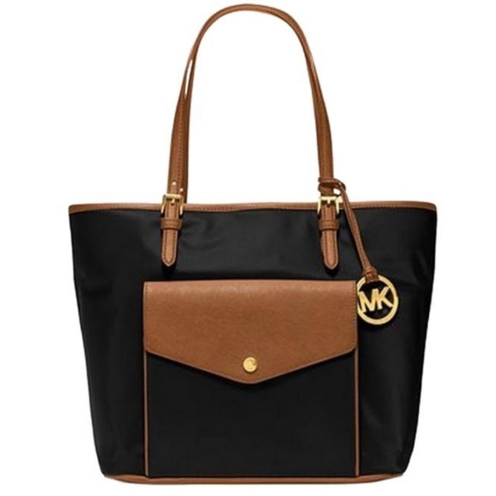 MICHAEL KORS Nylon & with Genuine Leather Accents Tote Black and Brown Fall Bag